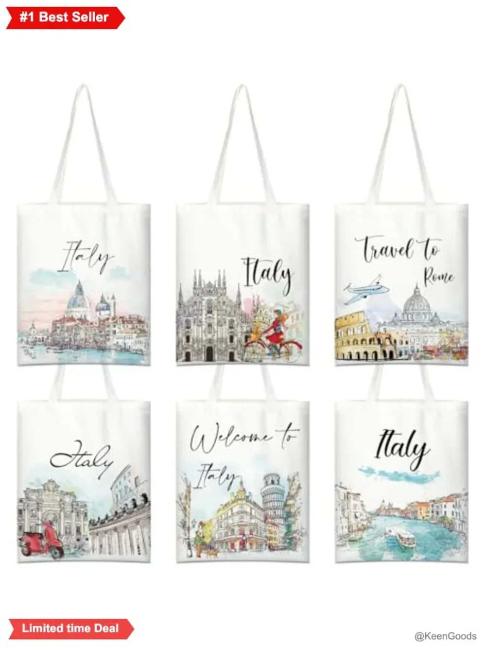 6-Pack Canvas Tote Bags Italy Travel Souvenir Watercolor Reusable Grocery Beach